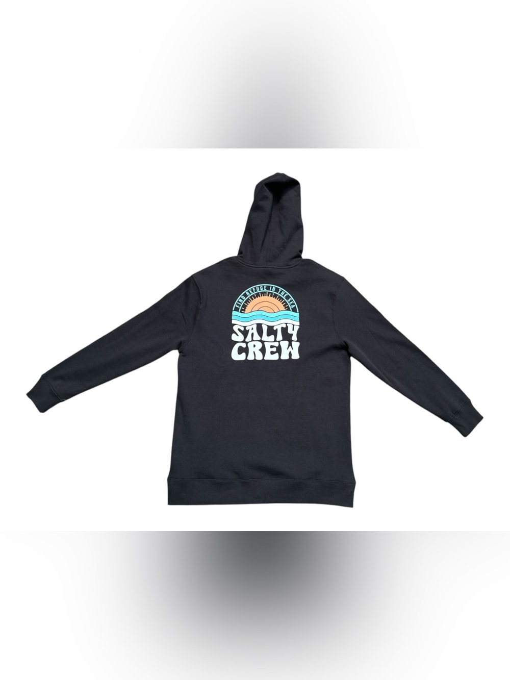 New Men’s Medium Salty Crew Black Hoodie with Retro Sunset Graphic Sweater
